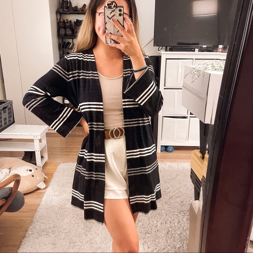 NWT J Jill Wearever Collection Comfy Black Cream Striped Cardigan Size Small